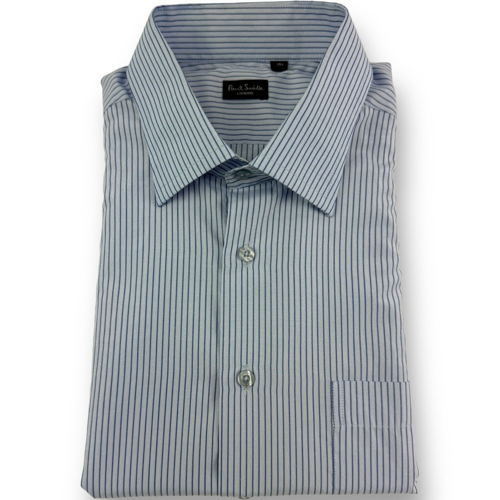 Paul Smith London Blue Stripe Short Sleeve Cotton Button Up Shirt Mens Size 18.5